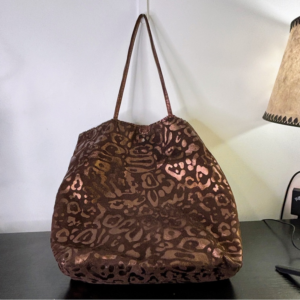 Carlos Falchi Handmade Bronze Leopard Print Large Tote Handbag 16”x18”